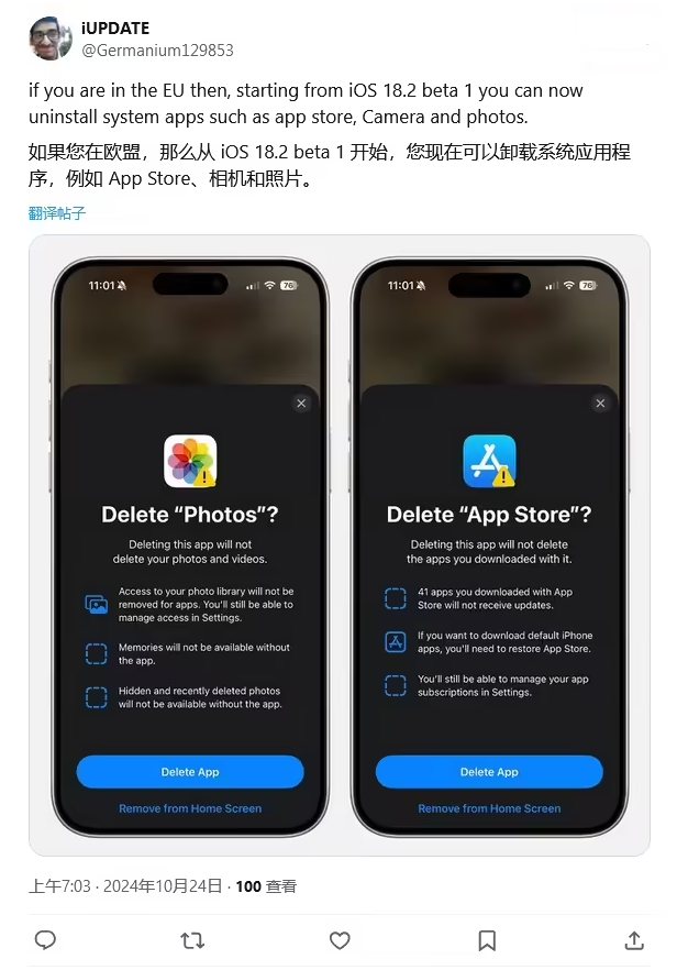 桃江苹果手机维修分享iOS 18.2 支持删除 App Store 应用商店 